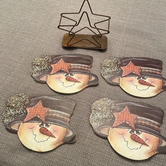 Snowmen Coaster Set of 4 with Metal Star Holder Winter Christmas - Picture 2 of 11